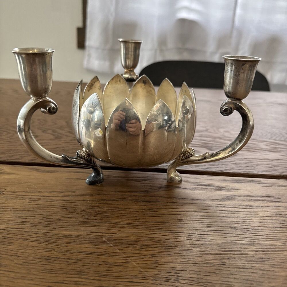 Vintage Silverplate Reed and Barton Lotus Flower Bowl: 3 Candle Holder